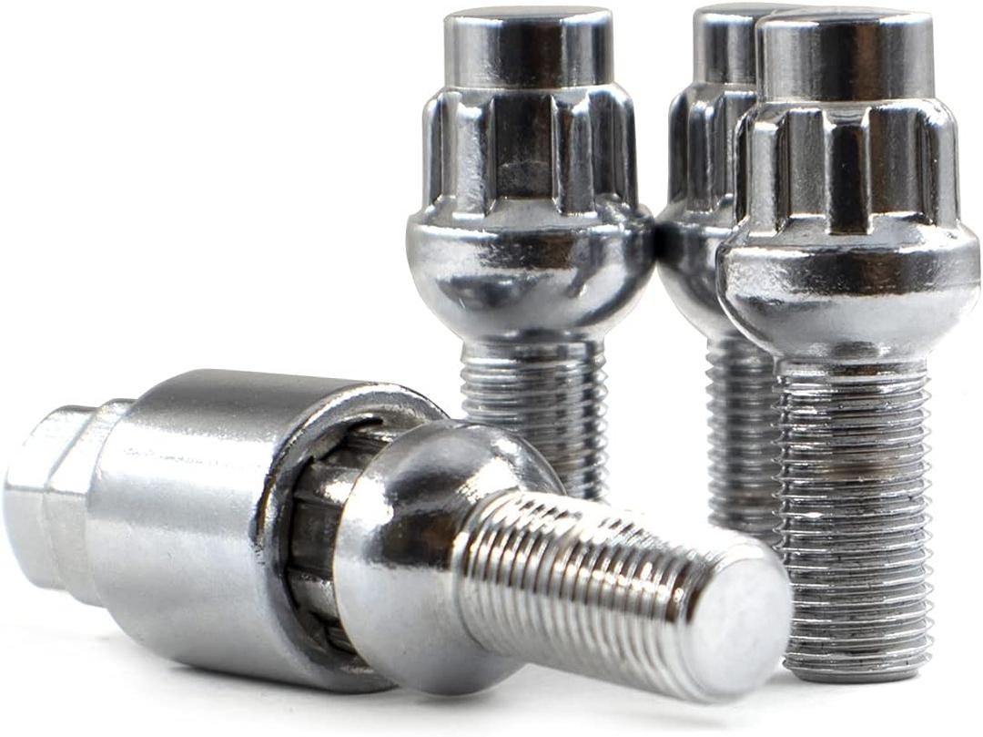 Wheel Accessories Parts 12x1.5 Chrome - Ball Seat (R12)- Premium Lug Bolt Wheel Lock Set (28mm Long) (Set of 4 + Key) (12x1.5, Chrome)