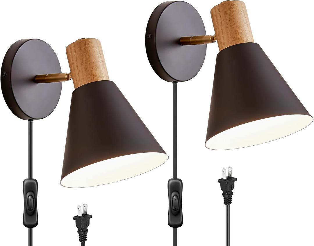 Plug in Wall Sconces Lighting Fixture Pack of 2, Wooden Adjustable Bedside Wall lamp for Industrial Bedroom, Living Room Bathroom Sink Lighting (2, Black)