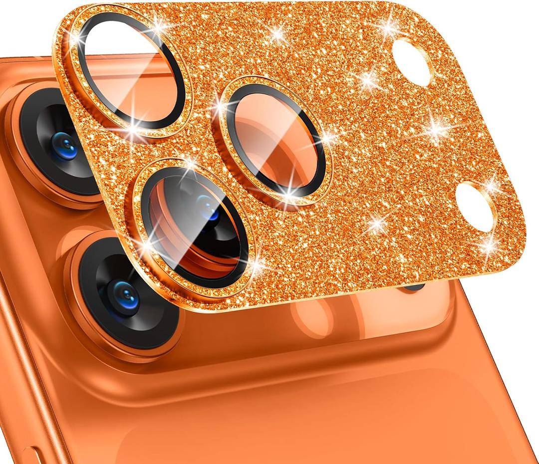 Tensea for iPhone 17 Pro Camera Lens Protector, Metal Aluminum Alloy Tempered Glass Cover Camera Screen Protector Accessories, Case Friendly (Orange Glitter)
