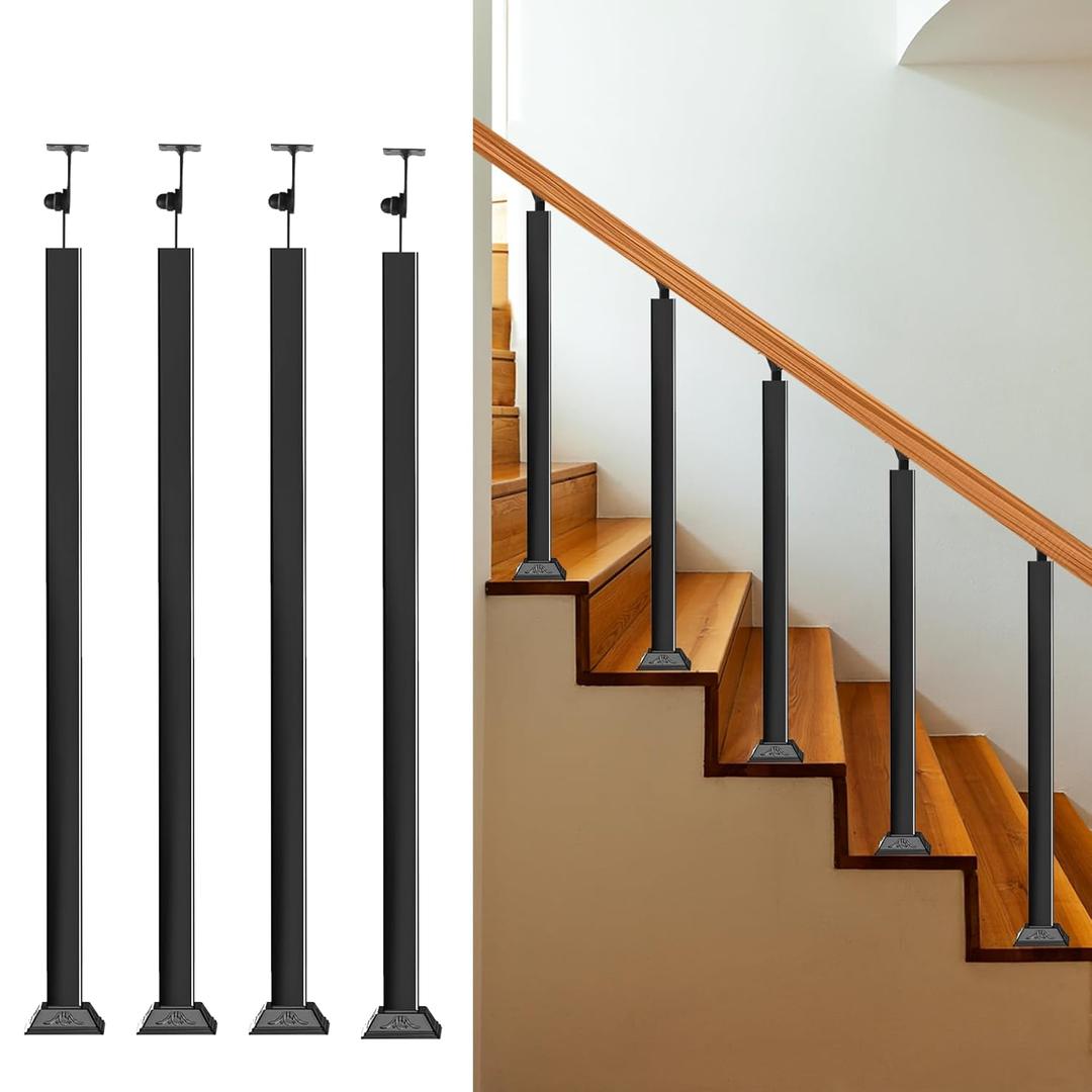 Indoor Railing Kits, 4 Pack Black Railing Post Kit, 270 Adjustable Flat Brackets Spindle Post & 35.43" Iron Square Stair Posts Kit for Stair Railing Indoor, Balcony, Staircases Spindles, Deck, Attic (36 in)