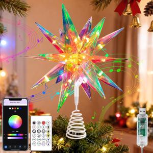 Moravian Star Tree Topper, 13.8" Smart LED Christmas Tree Decoration, USB Powered 3D Light with App & Remote Control, RGB Music Sync for Indoor and Outdoor Use