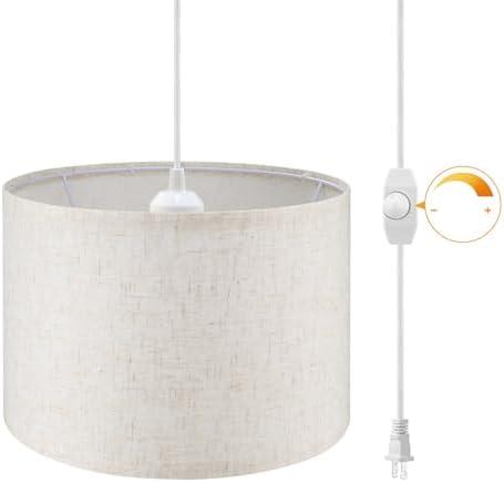 WimiSom Plug in Pendant Light, 15 FT Hanging Lamp with Plug in Cord, Dimmable Switch, Pendant Lighting with Fabric Shade, Hanging Light Fixture for Living Room, Bedroom, Dining Room, Kitchen