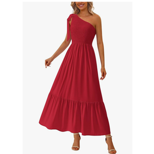 RETTYGARDEN Womens One Shoulder Summer Maxi Dress Smocked Flowy Boho Beach Long Sundress Sleeveless Wedding Guest Dresses, Size Small