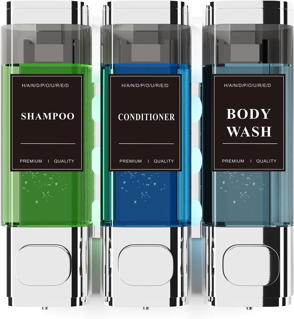 Shampoo and Conditioner Dispenser Wall-Mounted Shower Soap Dispenser, No-Drill Installation, Lockable, 900 ml Capacity,for Bathroom & Hotel or Airbnb (Electroplated Silver, 3-Pack)