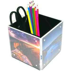 4-side Acrylic Photo Block Cube Tabletop Pen Holder Desktop Storage Organizer for Office Classroom Home Packaging Containers of Plastic Picture Frame for 5" x5" Photo Size