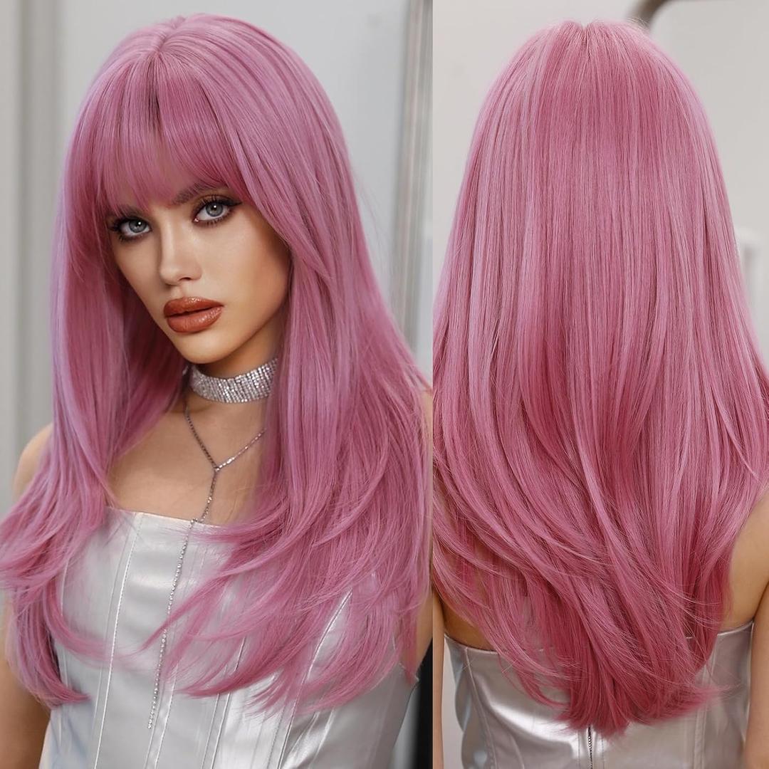 PARK YUN Long Straight Pink Wig with Bangs for Women 26 Inch Neon Pink Hair Synthetic Heat Resistant Pastel Layered Wig Sexy Colored Rose Gold Wigs for Cosplay Christmas Gifts Party