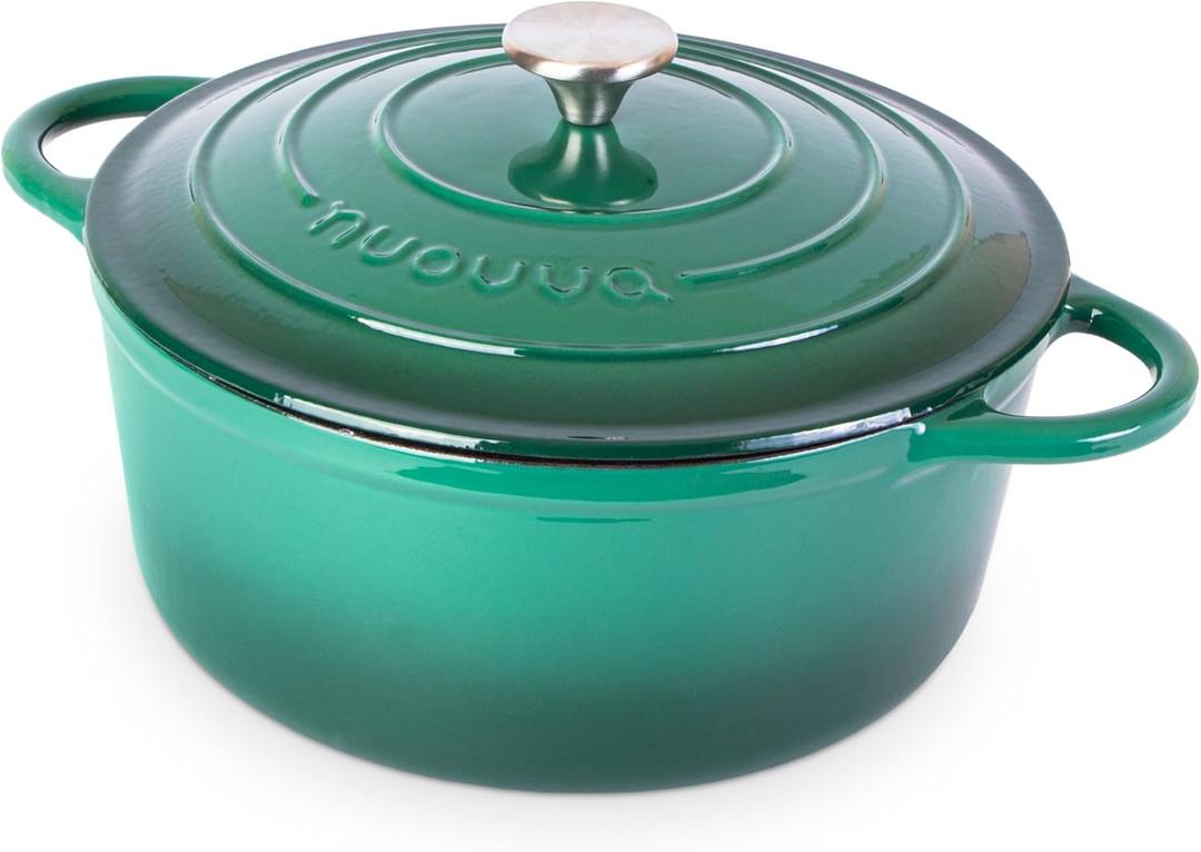 Nuovva Enamelled Cast Iron Dutch Oven Pot with Lid  6.4 Quart Non Stick Casserole Pot  Heavy Duty & Oven Safe up to 500 F for Bread Baking, Braising, Stews, Roasting  28cm Dark Green