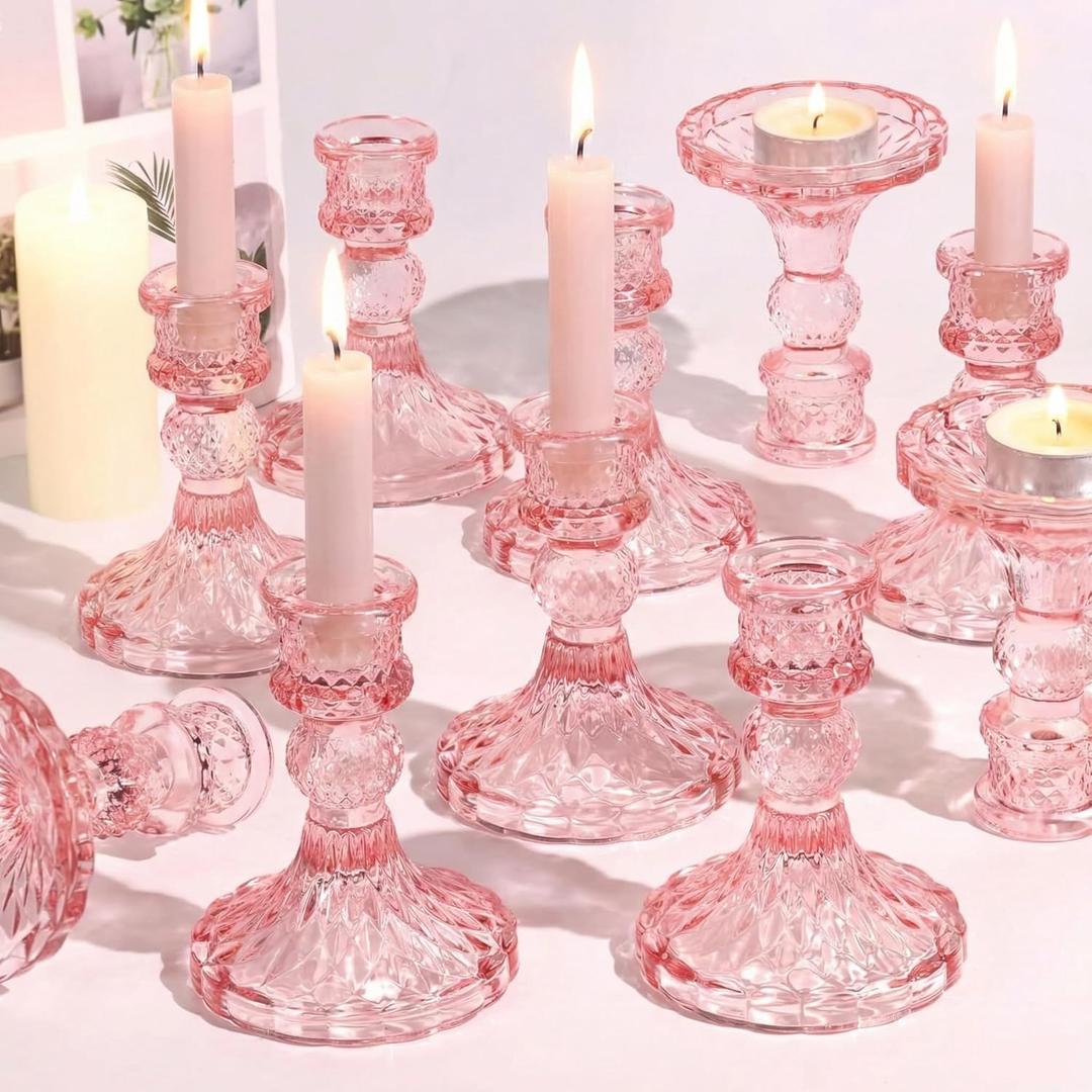 Glass Candle Holder Set of 12, Pink Taper Candle Holders Bulk, Vintage Candlestick Holders, Candle Stick Holder for Table Centerpieces, Wedding & Mother's Day