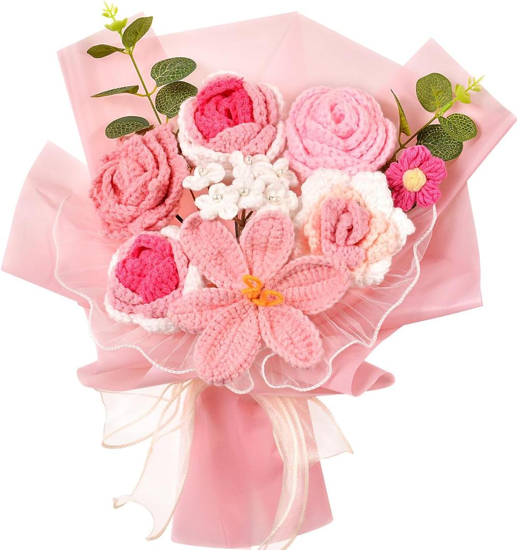 Crochet Flowers Bouquet, Crochet Rose Tulip Knitted Flower for Mother's Day, Valentine's Day, Anniversary, Wedding, Birthday, Home Dcor, Gifts for Mom, Lovers, Friends, Pink