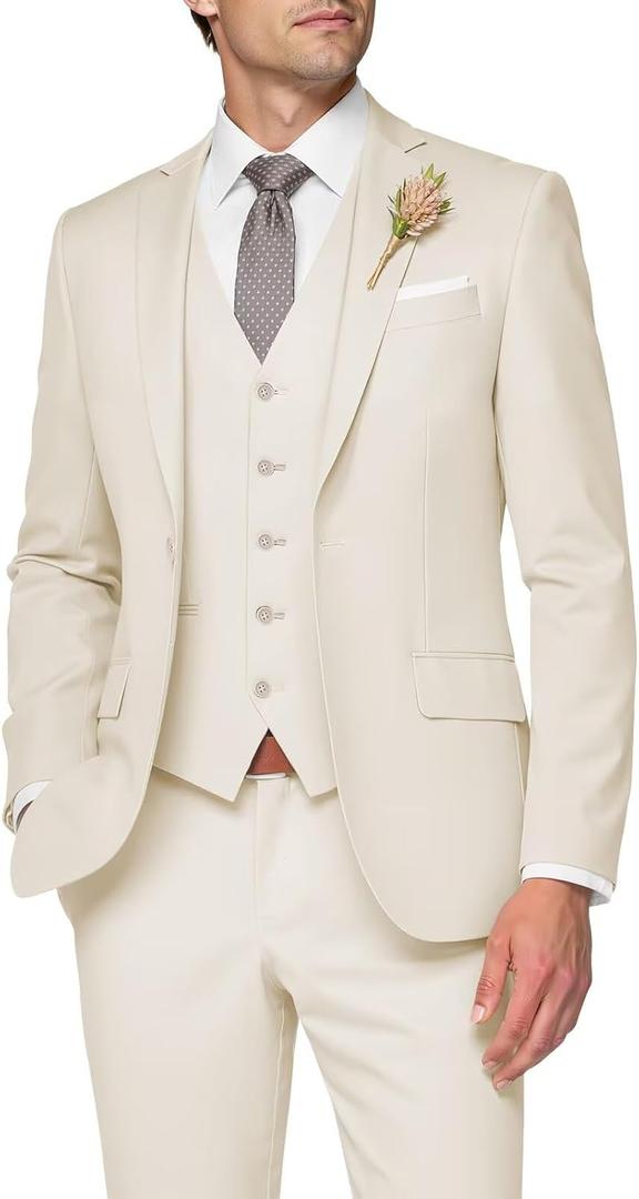 3 Piece Suit Men Slim Fit Wedding Suits for Mens Elegant One Button Jacket Single Breasted Vest Pants Set (Medium, Cream)