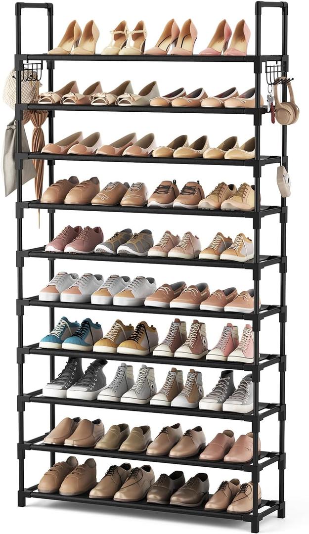 VTRIN 10 Tier Shoe Rack Tall Large Capacity 50 Pair Wide Shoe Organizer with Two Hooks Sturdy Metal Shoe Shelf for Entryway, Closet, Bedroom (Black)