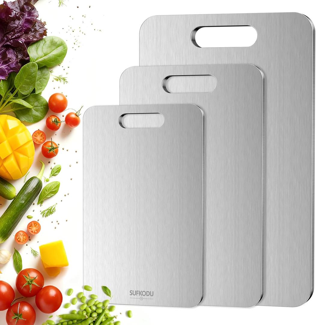 Titanium Cutting Board Set of 3, Titanium Cutting Boards for Kitchen, 100% Double-Sided Titanium Cutting Boards, Separate Raw and Cooked Food Areas, Non-Toxic, Dishwasher Safe (S+ M + L)