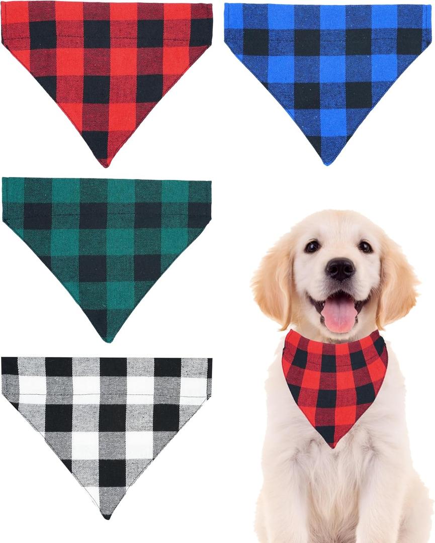 PET SHOW 4 Pack Plaid Dog Bandanas for Collars Slip Over Puppy Collar Boy Girl Medium Puppy Bibs Slide on Pets Collar Attachment Grooming Costumes Accessories, Large