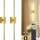Battery Operated Wall Sconces Set of 2, LED Rechargeable Wall Lights with Remote Control, 3 Colors Dimmable, 350 Rotate, Gold Wireless Wall Lamp for Living Room, Bedroom, 28.3 Inch (2 Packs)