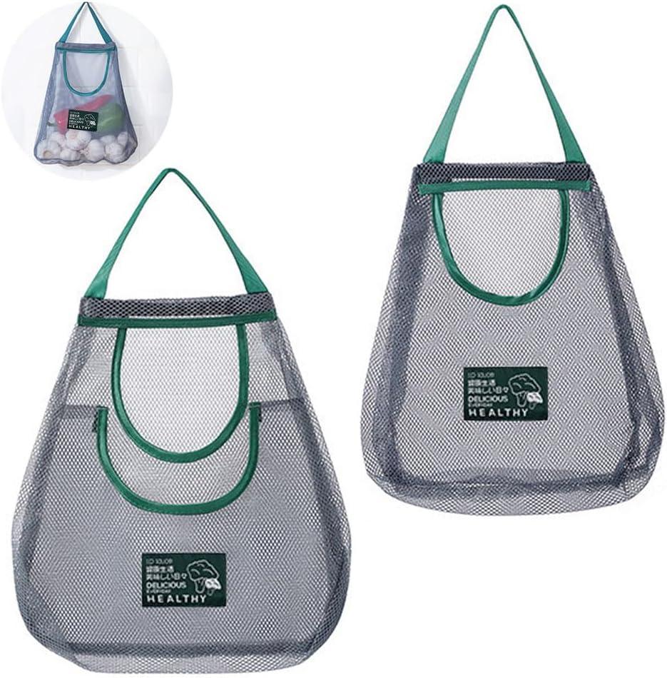 2 Pack Hanging Mesh Storage Bags (Single + Dual Pocket) Reusable Hanging Mesh Storage Produce Bags for Kitchen Storage Fruits, Onion, Garlic & Vegetables, Breathable Shopping Handbag