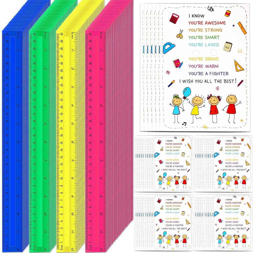 36 Pcs Back to School Student Gifts Plastic Rulers with 36 Pcs Inspirational Cards from Teacher, Flexible Assorted Color Ruler with Centimeters and Inches for Students Supplies (36)