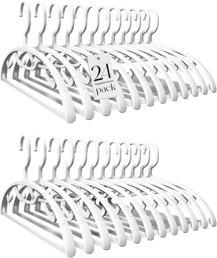 HOUSE DAY Plastic Clothes Hangers 24 Pack, Sweater Hangers No Shoulder Bump, Thick Heavy Duty Coat Hanger for Closet, White Wide Hanger with Non-Slip Hook for Sweaters, Suits, Dresses, Jackets, Pants