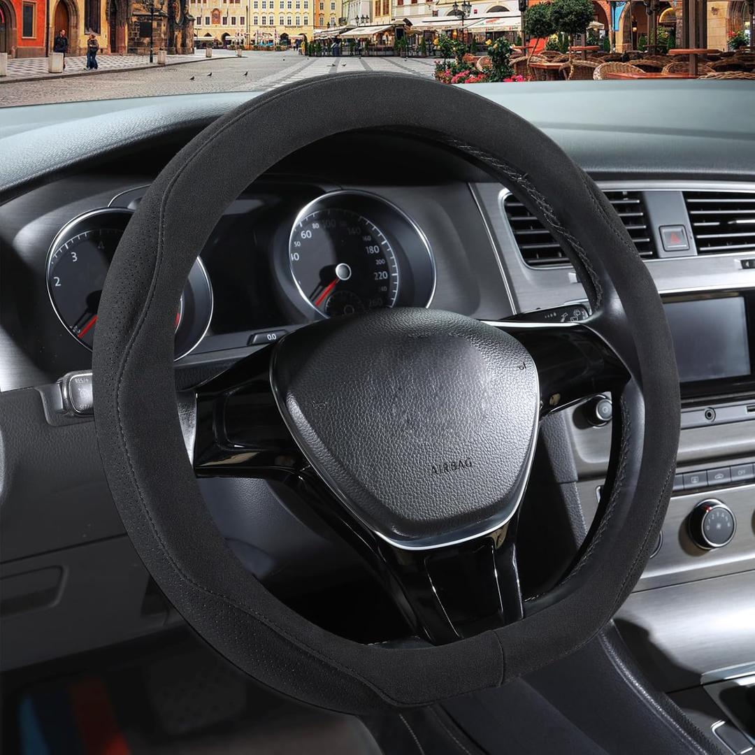 Black Suede D Shaped Steering Wheel Cover, Breathable Non-Slip Sweat-Proof Wear-Resistant No Pilling, Warm in Winter and Cool in Summer, Universal 15 inch