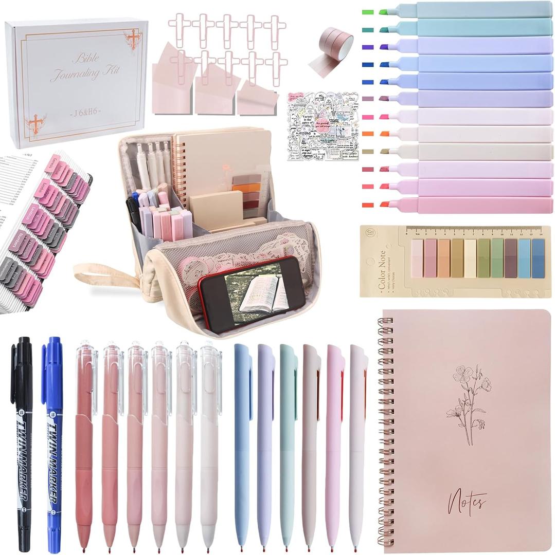 J6&H6 170Pcs Complete Bible Study Supplies, Bible Journaling Kit, Foldable Pencil Case with 75 Tabs,12 Pastel Bible Highlighters More Bible Accessories Set for Women, Beginner Christian Gifts