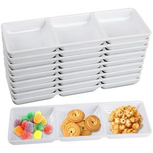 20 Pcs 3 Compartment Appetizer Serving Tray, Plastic 3 Section Dessert Platters Rectangular Divided Plate Compartment Serving Dishes Dipping Sauces Dinner Buffet Restaurant Kitchen