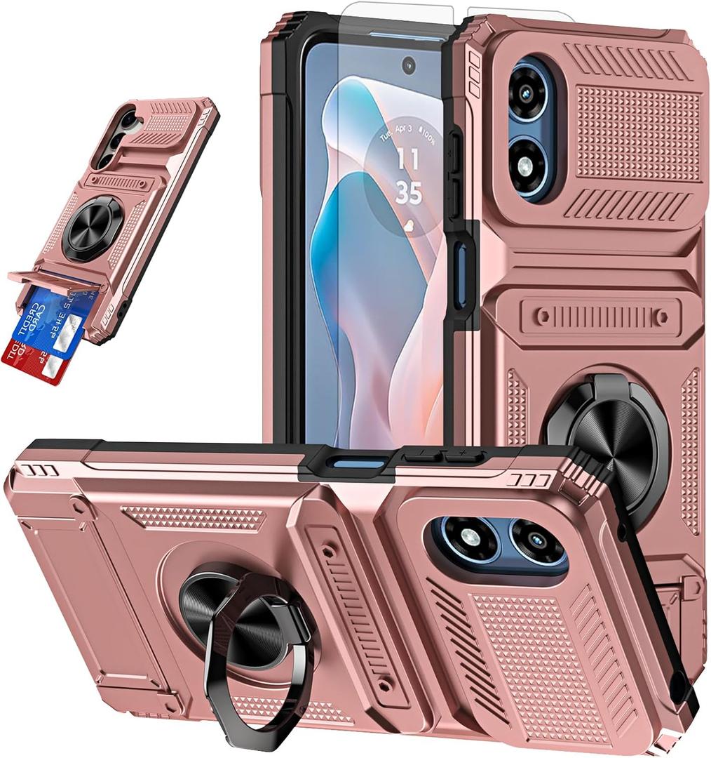 Phone Case for Motorola Moto G Play 2024 4G with Tempered Glass Screen Protector Card Slots Ring Stand Soft Silicone Bumper Hybrid Two Layer Defender for XT2413V XT2413-1 64GB Women Rose Gold