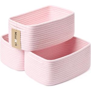 Small Storage Baskets for Organizing | Closet Organizer Bins | Shelf Toy Basket | Woven Rope Baskets | Cube Decorative Box | Shallow Basket | 13x8.5x5.1 | 3 Packs Light Pink