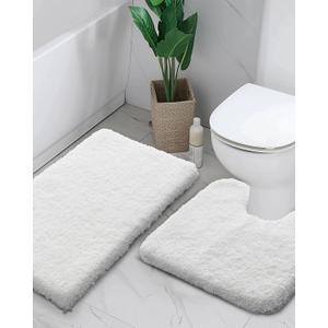 White Bathroom Rug Set 2 Piece Fluffy Non Slip Bath Mat Set Washable Plush Luxury Toilet Rug and Bath Rug Set for Bathroom Floor, 22x24 + 24x36 inches (22''x24'' Toilet Rug +24''x36'' Bath Rug)
