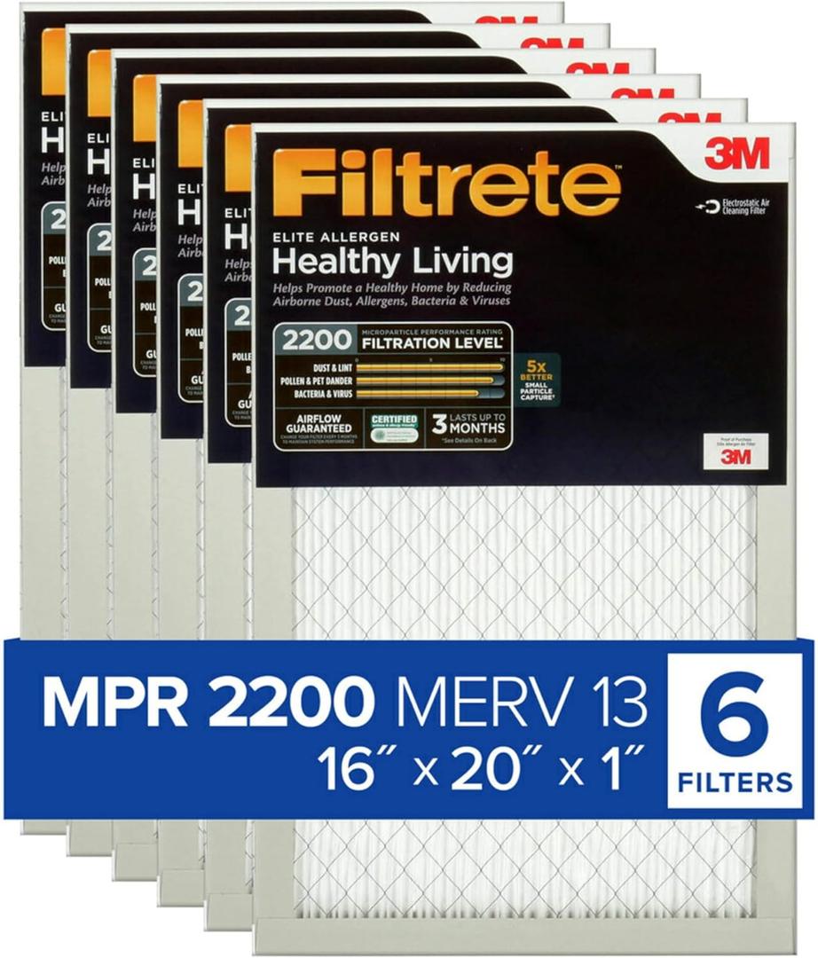 Filtrete 16x20x1 AC Furnace Air Filter, MERV 13, MPR 2200, Elite Allergen, Bacteria & Virus Filter, 3-Month Pleated 1-Inch Electrostatic Air Cleaning Filter, 6-Pack (Actual Size 15.69x19.69x0.78 in)