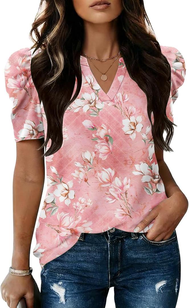 LOMON Spring Summer Tops for Women 2026 V Neck Puff Short Sleeve Tops Fashion Trendy Work Blouses Dressy Casual S-XXL (L)