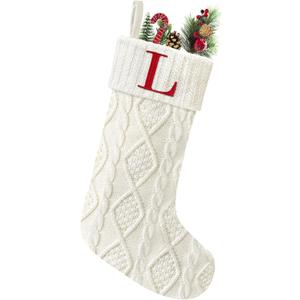Senneny Christmas Stockings with Initials, 20 Large Embroidered Monogram Knitted Stockings for Family, Kids, Xmas Holiday Party Gifts & Decoration for Fireplace, White, Letter L