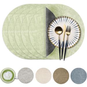 Round Faux Leather Placemats Set of 6, Waterproof Anti-Slip Dual Sided Placemats, Heat Resistant Washable Table Mats with Coaster, Suitable for Indoor & Outdoor (6, Black Light Green)