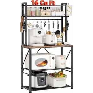 YASONIC Coffee Bar, Bakers Rack with Storage, 25.6 Inches Microwave Stand, 5 Tier Kitchen Shelves Appliance Storage, 12 S Hooks Large Coffee Station for Spices, Pots and Pans, Rustic Brown