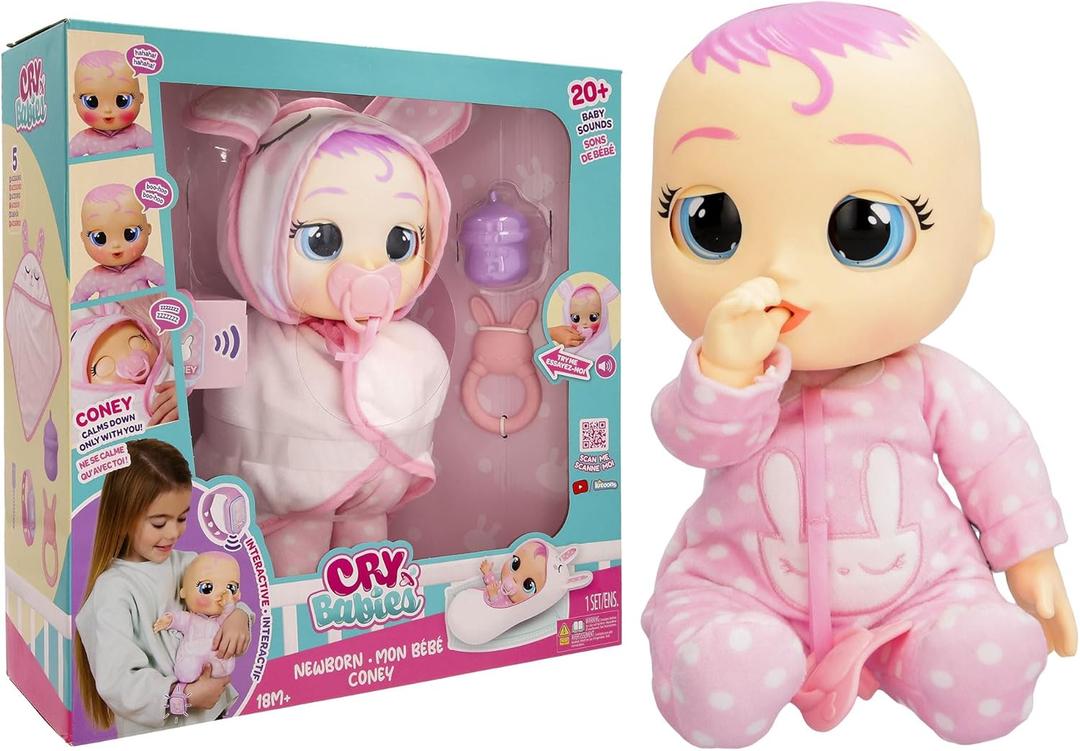 Cry Babies Newborn Coney - Interactive Baby Doll with 20+ Baby Sounds, Girls & Kids Age 18M and Up