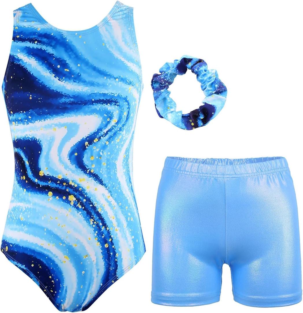JESKIDS Gymnastics Leotards for Girls Dance Unitards Biketards Matching Shorts Activewear Suits for Girls (Milky Way, 6-7 Years)
