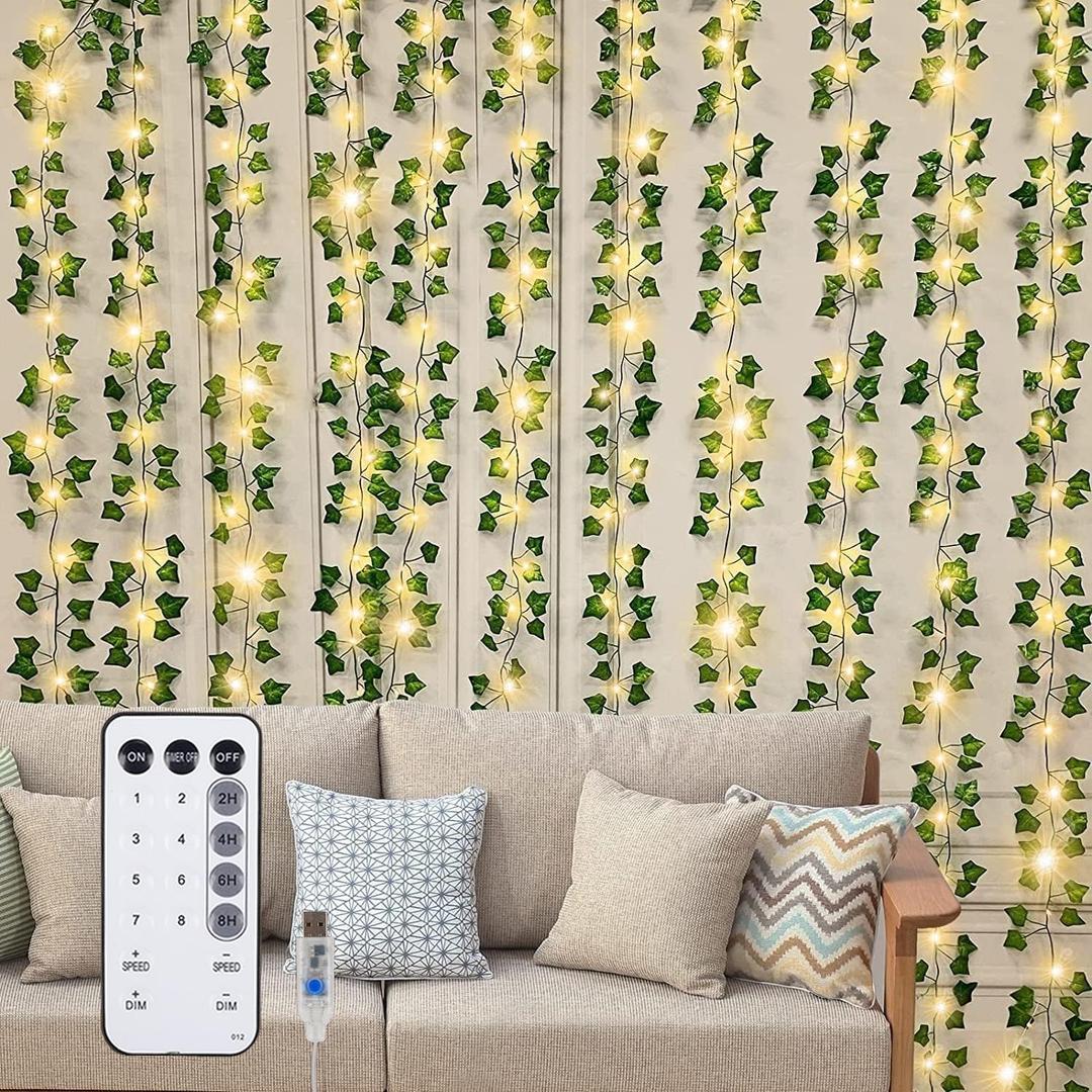 Vines with Light for Bedroom, 9.8 FT * 9.8 FT Artificial Ivy with 240 Led Curtain Lights 8 Flshing Modes with Timer/Dim/Speed Room Vines for Bedroom Wall Weddings Party Garden Festival Decor