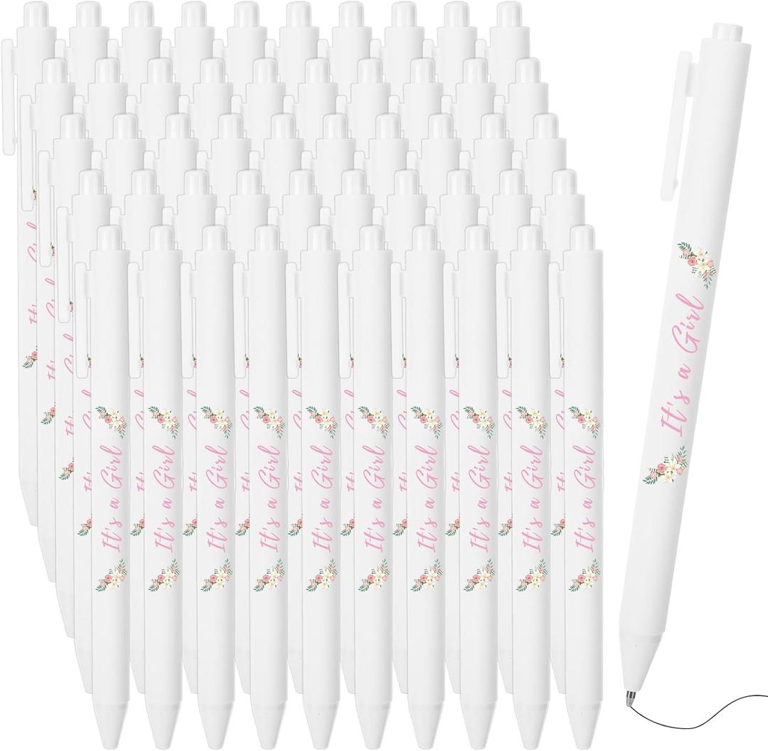 50 Pcs Baby Shower Pens for Guests, Baby Shower Favors for Guests, It's a Girl Floral Ballpoint Pens Bulk Retractable Black Ink Pen Pink Thank You Return Gifts for Gender Reveal Games Prizes Souvenirs