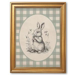 Gold Framed Vintage Easter Bunny Canvas Wall Art Black White Rabbit Sketch Print Drawing Poster Bunny and Spring Flowers Painting Neutral Cute Woodland Animal Picture for Baby Bedroom 12x16inch