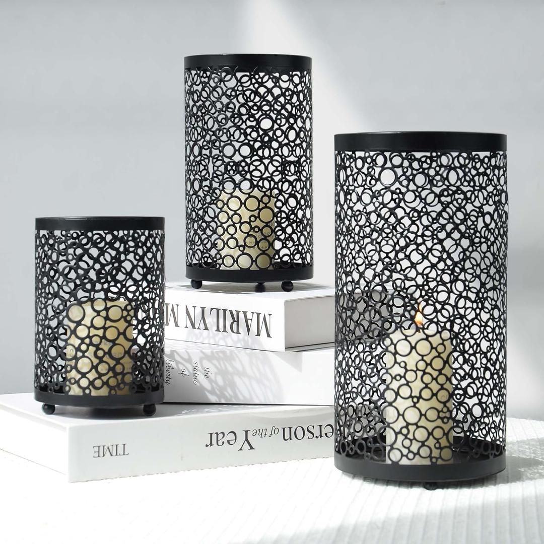 Metal Candle Holders Set of 3, Decorative Tealight Candle Holder Sets, Candlestick for Pillar Vintage Style Perfect for Tabletop Centerpieces (Black, Bubble Pattern)