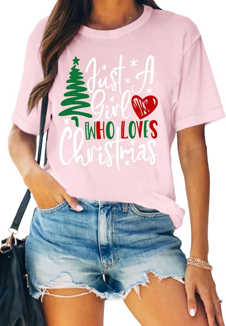 Womens Christmas Shirts Just A Girl Who Loves Christmas T-Shirt Xmas Tree Tee Tops M, Pink