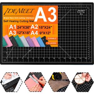 Density-upgraded 18"x12" Self Healing Cutting Mat, Idemeet Rotary Sewing Mat for Crafts, 5-Ply Blade Table Protector Cut Board for Fabric Leather Cutting Quilting Modeling Hobby Project, A3, Black