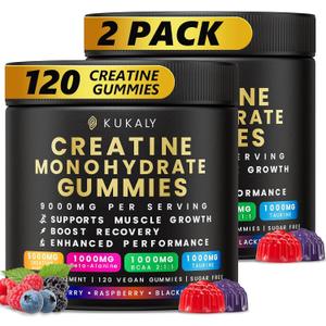 KUKALY Creatine Monohydrate Gummies for Men & Women, 9000MG Creatine Gummies Sugar Free Mixed Flavored with L-Taurine, BCAA 2:1, B12 B6 for Boost Strength, Focus & Endurance, Vegan, Non-GMO, 2 Bottle, No BB Date