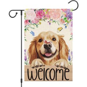 2 x Heyfibro Welcome Spring Summer Flower Garden Flag 12x18 Inch Double Sided Burlap,Cute Golden Retriever Dog Butterfly Yard Flag for Seasonal Holiday Farmhouse Outdoor Decor(ONLY FLAG)