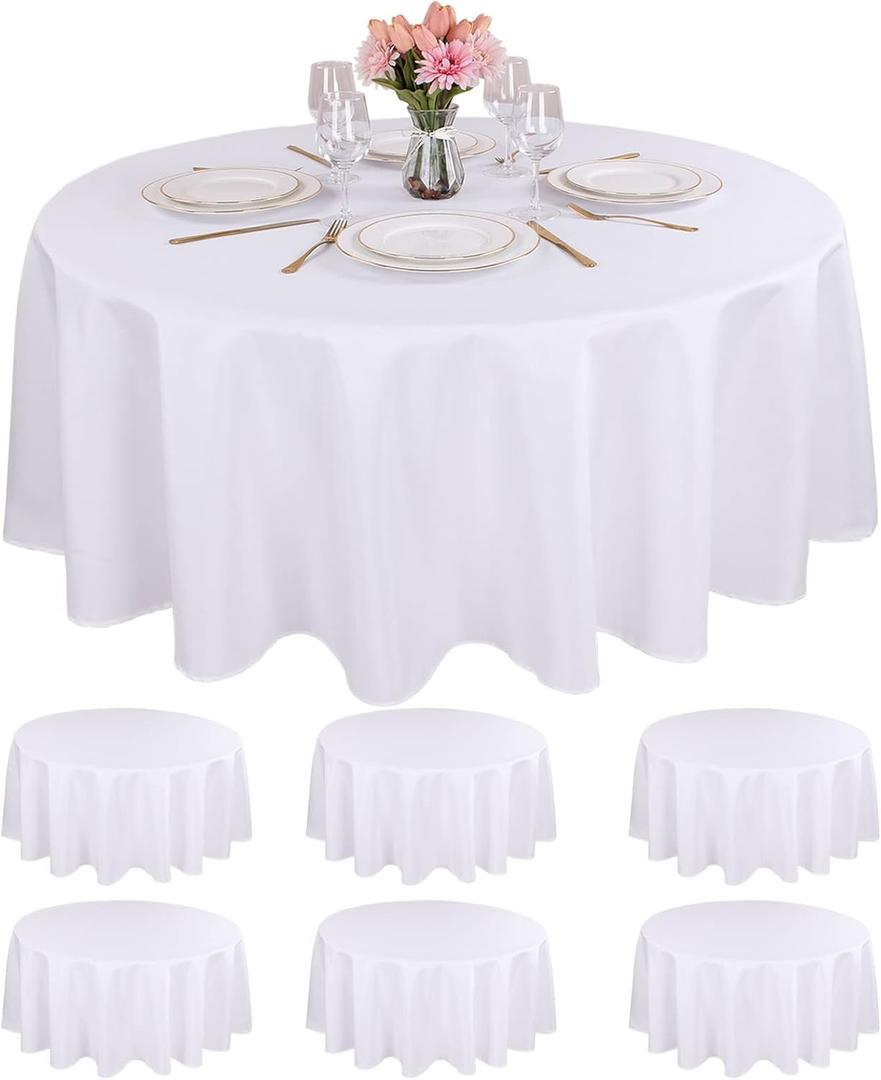Kesfey 6 Packs 120 Inchs Polyester White Round Table Cloths Wrinkle Resistant Tablecloth Washable Banquet Tablecovers splashproof High Density Table Covers Fabric Tablecloths for Wedding Birthday