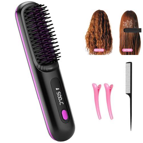 Go Brush Pro - Cordless Hair Straightener, USB Charging, Fast Heating, with LCD Display, Brush Portable Comb for Travel for All Hair Types