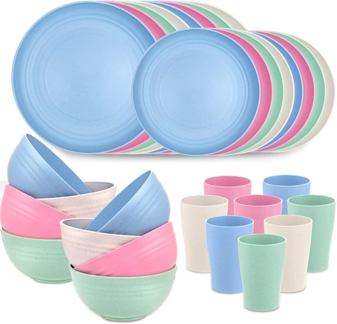 Supernal Wheat Straw Dinnerware, Wheat Straw Plates and Bowls Sets Dishwasher Safe, Unbreakable Light Weight Plate Service For 8, Reusable Plastic Plate, Include 16pcs Plates, 8pcs Bowls, 8pcs Cups