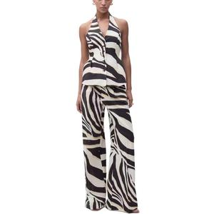 Pants Sets 2 Piece Outfits for Women Zebra Print Halter Vest Top and Wide Leg Pants Dailywear Summer Vacation Sets (Medium, Black)