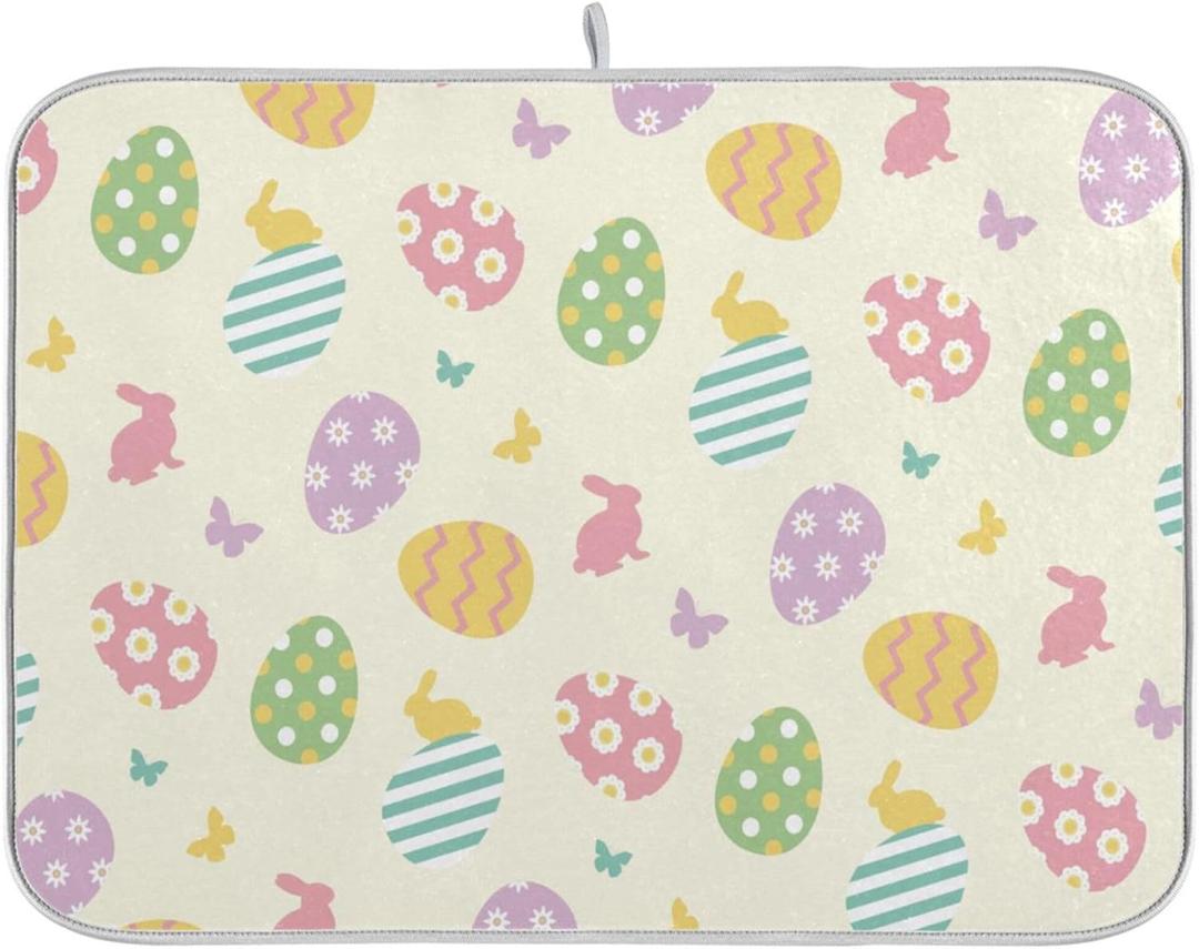 Happy Easter Bunny Rabbit Dish Drying Mat Quick Absorbent 16x18 Easter Eggs Spring Butterfly Kitchen Drying Mat for Countertop Sink Reusable Dishes Mats Kitchen Essentials