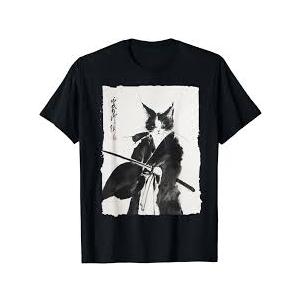 Samurai Cat Warrior Ink  Japanese Art Feline Katana TShirt Small