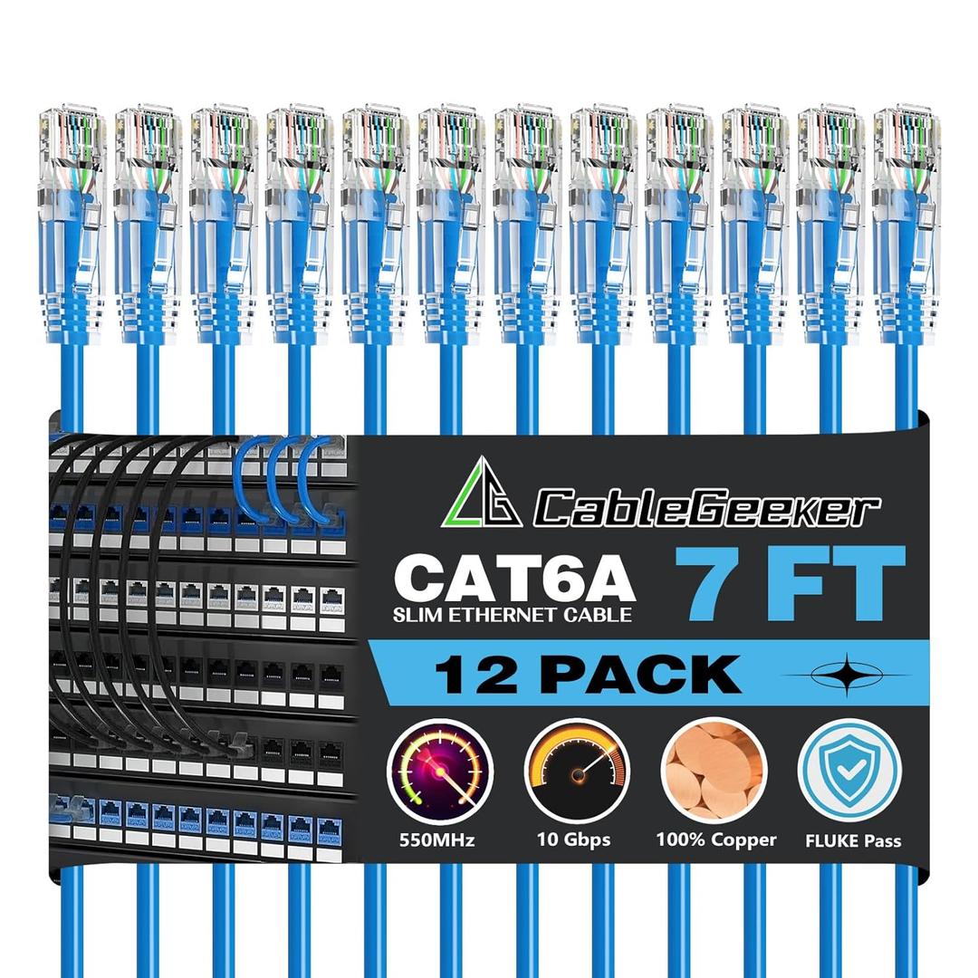 CableGeeker Patch Cables Cat6a 7ft (12 Pack) Slim, Cat6 Ethernet Patch Cable 10G Support, Snagless RJ45 Cat 6 Patch Cable for Patch Panel to Switch, Flexible Network Cable - 7 Feet Blue