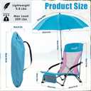 Lamberia Folding Beach Chair with Umbrella for Adults, Portable Low Beach Chairs with 300lbs Capacity, Lightweight Fodable Camping Chair for Travel, Picnic, Concert & Outdoor Activities, Blue-Pink